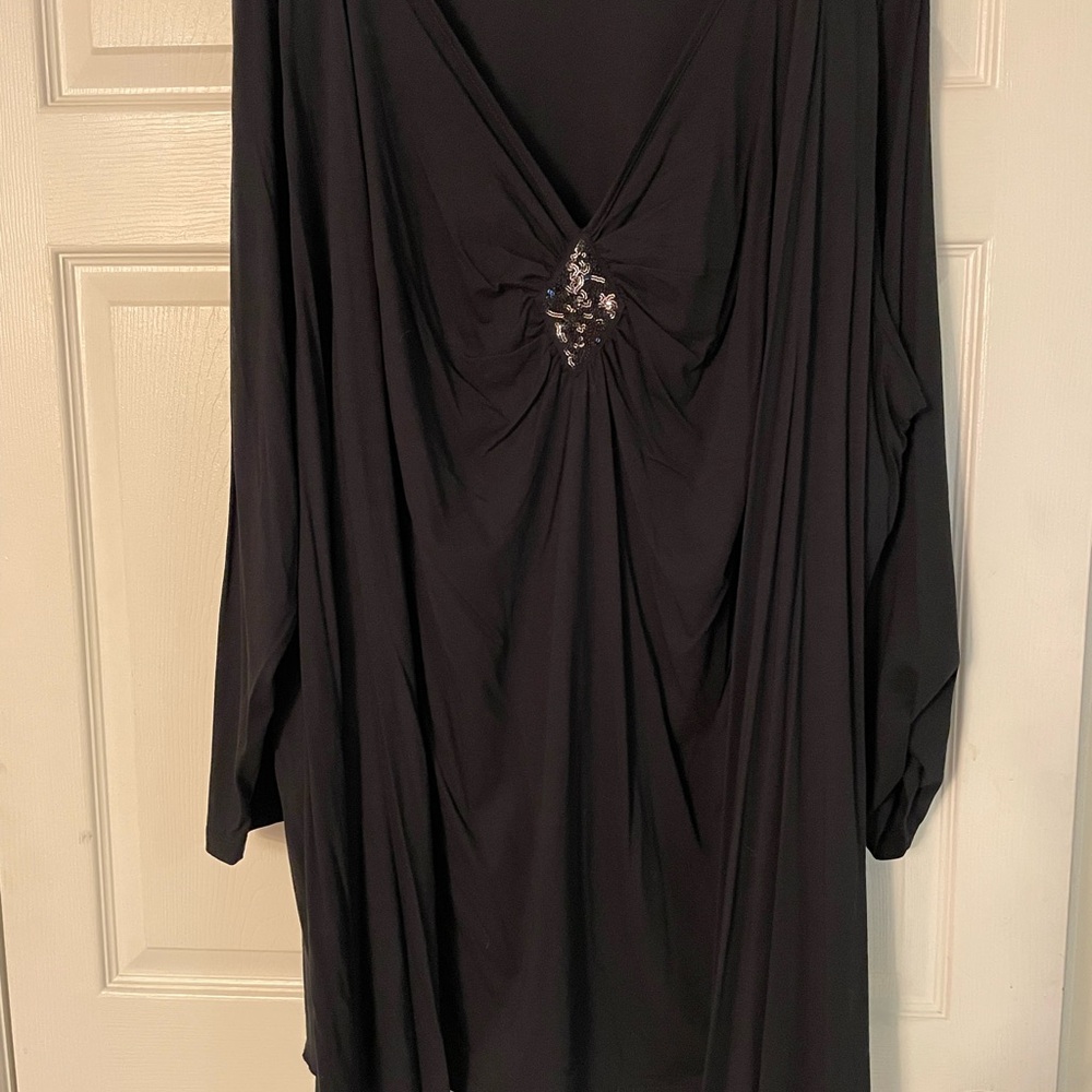 Unique Black Blouse With Built In Flutter Cardigan And Sequence Accents 2x